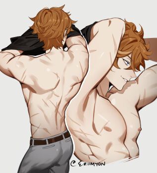 1boy arms_up belt black_belt black_shirt blue_eyes brown_hair commentary crossed_bangs english_commentary eriimyon genshin_impact grey_pants highres male_focus multiple_scars multiple_views nipples pants pectorals scar scar_on_arm scar_on_back shirt shirt_partially_removed short_hair simple_background smile tartaglia_(genshin_impact) topless_male twitter_username white_background