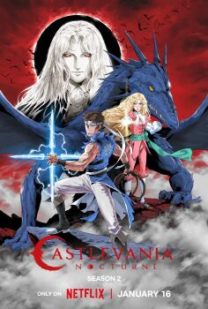 1girl 2boys alucard_(castlevania) ascot bat_(animal) belt black_boots black_coat blonde_hair blue_eyes blue_tunic boots brown_hair brown_shoes castlevania:_nocturne castlevania_(series) coat collared_shirt colored_sclera dragon eclipse english_text full_body green_belt headband highres holding holding_shuriken holding_weapon jacket maria_renard multiple_boys netflix official_art outstretched_hand panties pants parted_bangs pink_jacket pink_pants red_sclera richter_belmont samuel_deats shirt shoes short_hair shuriken socks tunic underwear upper_body weapon white_ascot white_hair white_headband white_panties white_shirt white_socks yellow_eyes