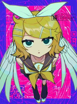 1girl black_sailor_collar blonde_hair bow collarbone hair_bow hair_ornament hairclip hashtag-only_commentary kagamine_rin looking_at_viewer neckerchief parallel_hairclips sailor_collar solo takamiya_yuu vocaloid white_bow white_wings wings yellow_neckerchief