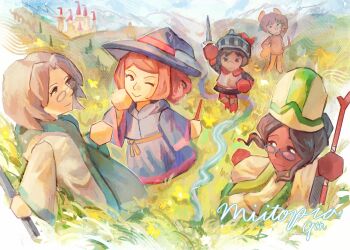 2boys 2girls 3boys 3girls animal_ears anniversary black_hair blue_robe brown_eyes brown_hair castle cat_boy cat_ears closed_mouth dark-skinned_female dark-skinned_male dark_skin dress glasses gloves grass grey_hair happy_anniversary hat helmet highres holding holding_staff holding_sword holding_wand holding_weapon knife knight long_hair mage_staff mii_(nintendo) miitopia multiple_boys multiple_girls nintendo one_eye_closed outdoors purple_robe red_gloves red_hair revercemii robe short_hair smile staff sword tail wand warrior watercolor_effect weapon white_hair witch_hat wizard wizard_hat