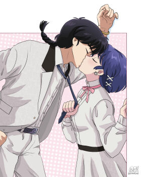 1boy 1girl belt black_hair blue_hair closed_eyes commentary couple english_commentary hetero highres kiss ohmagaby ranma_1/2 saotome_ranma shirt short_hair signature tendou_akane white_shirt