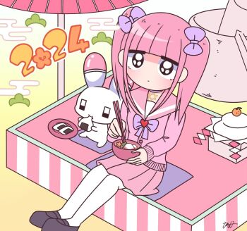 1girl 2024 animal black_eyes black_footwear bow bowl box cardboard_box cardigan chopsticks cloud eating expressionless ezaki_bisuko food hair_bow hexagram holding holding_bowl holding_chopsticks jewelry menhera-chan_(ezaki_bisuko) menhera-chan_(ezaki_bisuko)_(character) necklace new_year onigiri pink_cardigan pink_hair pink_sailor_collar pink_skirt pleated_skirt purple_bow purple_ribbon rabbit ribbon sailor_collar sitting skirt star_of_david striped usatan_(ezaki_bisuko) vertical_stripes yume_kawaii