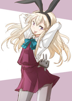1girl arms_behind_head blonde_hair bow bowtie cosplay dress dress_shirt fuji_(pixiv24804665) grey_eyes grey_pantyhose halterneck highres kantai_collection long_hair pantyhose pleated_dress purple_background purple_dress rensouhou-chan school_uniform shimakaze_(kancolle) shirt solo tongue tongue_out two-tone_background white_background white_shirt yuugumo_(kancolle) yuugumo_(kancolle)_(cosplay)