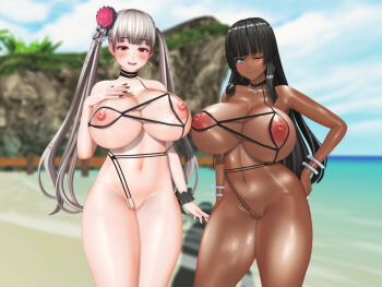 2girls 3d beach bikini black_hair blue_eyes blush breasts choker dark-skinned_female dark_skin earrings flower flower_on_head hand_on_own_hip hand_on_own_chest huge_breasts jewelry looking_at_viewer makeup multiple_girls necklace one_eye_closed open_mouth pico_majin_r red_eyes sky smile swimsuit twintails white_hair