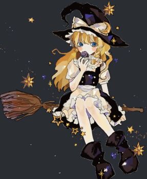 Rule 34 | apron, black boots, black dress, blonde hair, blue eyes, blush, boots, broom, broom riding, collar, crescent, crescent hat ornament, cupcake, dress, eating, food, frilled collar, frilled dress, frills, grey background, hat, hat ornament, hat ribbon, highres, jewelry, kirisame marisa, long hair, nail polish, puffy sleeves, ribbon, shiwaiji, simple background, star (symbol), touhou, witch, witch hat