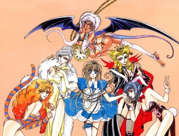 6+girls alice's_adventures_in_wonderland angel_(miyuki-chan_in_wonderland) animal_ears ass bare_shoulders bat_wings blonde_hair blue_eyes blue_hair blue_lips breasts brown_hair bunny-san bunny_(fushigi_no_kuni_no_miyuki-chan) cape cat_ears cat_tail chain cheshire_cat_(alice_in_wonderland) cheshire_neko clamp cleavage clock crown cuffs curly_hair dark-skinned_female dark_skin demon_tail demon_wings dominatrix earrings elbow_gloves fake_animal_ears feather_boa fingernails fishnet_legwear fishnets frills fur fushigi_no_kuni_no_miyuki-chan garter_straps gloves gradient_hair head_rest highres holding_hands humpty_dumpty humpty_dumpty_(fushigi_no_kuni_no_miyuki-chan) jabberwock_(fushigi_no_kuni_no_miyuki-chan) jabberwock_(wonderland) jewelry joou_(fushigi_no_kuni_no_miyuki-chan) lace lace-trimmed_legwear lace_trim large_breasts leotard light_smile lipstick long_fingernails long_hair long_legs long_toenails looking_at_viewer looking_back makeup marker_(medium) medium_breasts miyuki-chan miyuki_(fushigi_no_kuni_no_miyuki-chan) mole mole_under_mouth multicolored_hair multiple_girls official_art orange_eyes orange_hair parody paw_pose playboy_bunny pocket_watch pointy_ears profile purple_lips queen queen_of_hearts_(alice_in_wonderland) rabbit_ears rabbit_tail red_hair roman_numeral short_hair simple_background single_thighhigh slit_pupils smile standing strapless strapless_leotard tail thighhighs toeless_legwear toenails toes traditional_media watch wavy_hair whip white_hair white_legwear wings yellow_eyes yuri