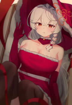 1girl absurdres alternate_costume bare_shoulders beads black_thighhighs blue_archive blush breasts cleavage collarbone commentary_request dress eri_(blue_archive) fur-trimmed_dress fur-trimmed_headwear fur_trim gloves hair_beads hair_between_eyes hair_ornament halo hat highres large_breasts long_hair looking_at_viewer orange_eyes orange_halo parted_lips red_gloves red_hat sabnak66 santa_costume santa_hat solo strapless strapless_dress thighhighs tilted_halo very_long_hair white_hair