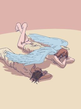 Rule 34 | 1boy, 1girl, angel, angel devil's lover, angel devil (chainsaw man), angel wings, brown hair, chainsaw man, couple, crossed arms, crossed legs, dark-skinned female, dark skin, facial tattoo, halo, hand in own hair, light smile, lying, nejiaji, resting, simple background, spoilers, tattoo, wings