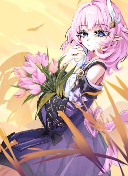 1girl breasts coat commentary_request cyrene_(honkai:_star_rail) cyrene_(philia093)_(honkai:_star_rail) dress flower hair_ornament highres holding holding_flower honkai:_star_rail honkai_(series) korean_commentary looking_at_viewer maengkkong-i multicolored_hair outdoors pink_flower pink_hair pink_tulip pointy_ears purple_coat short_hair sky small_breasts solo tulip two-tone_hair wheat white_dress white_hair yellow_sky