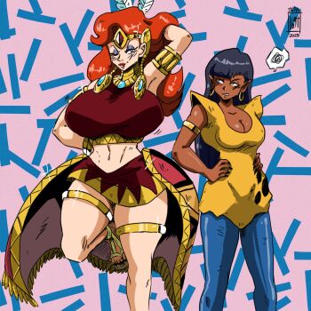 1990s_(style) 2024 2girls adventures_of_sonic_the_hedgehog alternate_breast_size_(larger) angry annoyed arm_up armlet arms_up artist_logo bare_legs black_nails blunt_bangs blush bracelet breasts cleavage clenched_teeth cosplay costume_switch cowboy_shot cowlick crop_top curvy dark-skinned_female dark_skin dated detached_collar earrings eyeshadow feather_hair_ornament feet female_focus fingernails foot_out_of_frame gem gold_trim hair_ornament hair_over_one_eye hand_on_own_hip height_difference huge_breasts ishida1694 jewelry katella_the_huntress large_breasts logo looking_at_another looking_at_viewer makeup metstli midriff multiple_girls native_american navel one_eye_closed pants pink_background pointy_ears purple_eyeshadow red_gemstone red_hair red_lips red_shirt red_skirt retro_artstyle sega sharp_fingernails shirt simple_background skirt sonic_(series) sonic_and_the_blade_of_courage standing standing_on_one_leg straight_hair strappy_heels taut_clothes teeth thick_thighs thighlet thighs tiara tight_clothes tight_pants toes unaligned_breasts upper_teeth_only waist_cape wavy_hair wide_hips wink yellow_shirt