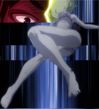 2girls anime_screenshot armpits ass back-tie_bikini barefoot battle bikini black_hair blonde_hair breasts brown_eyes cameltoe curvy evil_eyes eyelashes fairy_tail fanservice feet female_focus floating_hair from_below full_body highres injury knee_up kneepits knees large_breasts leg_focus legs long_hair lucy_heartfilia midriff minerva_orlando multiple_girls outstretched_arms pain pink_bikini print_bikini ribs ryona side-tie_bikini_bottom sidelocks spread_arms spread_toes star_(symbol) star_print stitched stomach swimsuit thighs third-party_edit toenails toes underboob underwater water wide_hips