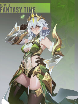 1girl :q black_gloves breasts brown_thighhighs check_source cowboy_shot detached_sleeves english_text gloves hand_on_own_hip highres long_sleeves medium_breasts medium_hair mobile_legends:_bang_bang pointy_ears smjim1986 solo source_request thighhighs tongue tongue_out underboob white_hair yellow_eyes