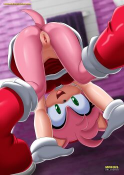 all_fours amy_rose anus ass bbmbbf bent_over boots bottomless dress female_focus flexible furry groin hedgehog highres looking_at_viewer mobius_unleashed no_panties palcomix perineum pink_fur pink_hair presenting pussy sega smile sonic_(series) ties top-down_bottom-up upskirt