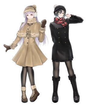 Rule 34 | 2girls, absurdres, alternate costume, azur lane, black boots, black coat, black hair, black hat, black pantyhose, black skirt, blunt bangs, blush, boots, breasts, brown boots, brown coat, brown hat, brown mittens, brown scarf, buttons, coat, commentary, double-breasted, earmuffs, english commentary, fur-trimmed boots, fur-trimmed coat, fur trim, hair between eyes, hand up, hat, highres, lace-up boots, legs, long hair, long sleeves, looking at viewer, medium breasts, mittens, multicolored hair, multiple girls, open mouth, pantyhose, parted lips, plaid clothes, plaid scarf, platform boots, pleated skirt, plymouth (azur lane), pom pom (clothes), purple eyes, purple hair, red scarf, scarf, short hair, simple background, skirt, slit pupils, smile, standing, thighs, two-tone hair, ulrich von hutten (azur lane), white background, white hair, winter clothes, xuwasoo, yellow eyes