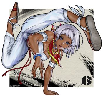 1girl absurdres ai_shou blue_eyes capoeira dark-skinned_female dark_skin elena_(street_fighter) highres kicking looking_at_viewer short_hair simple_background smile solo street_fighter street_fighter_6 very_dark_skin white_hair