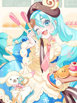 1girl 1other apron aqua_eyes aqua_hair blue_bow blue_dress blue_sleeves bow bowtie bread brown_hat commentary dessert detached_sleeves dress dress_bow food food-themed_clothes food-themed_hat_ornament frilled_apron frills fur-trimmed_dress fur-trimmed_sleeves fur_trim hair_between_eyes hair_ornament hand_on_own_face hat hat_ornament hatsune_miku heart highres holding holding_tongs long_hair long_sleeves looking_at_viewer necktie official_alternate_costume official_alternate_hairstyle one_eye_closed open_mouth pink_bow pink_bowtie pink_necktie puffy_short_sleeves puffy_sleeves rabbit rabbit_yukine shiranomaru short_sleeves sleeve_bow snowflake_print speech_bubble spoken_heart tongs twintails two-tone_sleeves very_long_hair vocaloid wavy_hair white_apron white_bow white_rabbit_(animal) wide_sleeves yuki_miku yuki_miku_(2026)