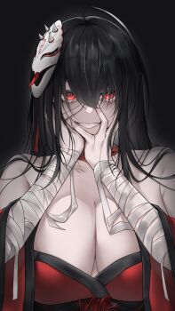 Rule 34 | 1girl, absurdres, azur lane, bandaged arm, bandaged wrist, bandages, black background, black hair, breasts, cleavage, commentary, crazy eyes, crazy grin, dark background, english commentary, highres, japanese clothes, kimono, large breasts, long hair, mask, mask on head, off shoulder, official alternate design, oni mask, red eyes, red kimono, ringed eyes, smile, solo, taihou (azur lane), taihou (meta) (azur lane), teeth, upper body, xuwasoo, yandere trance