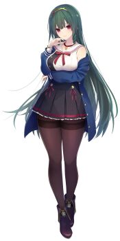 1girl absurdres ankle_boots arm_under_breasts assault_lily bare_shoulders black_skirt blue_gem blue_jacket boots bracelet breasts brown_pantyhose buttons choker commentary_request fold-over_boots frilled_skirt frills full_body gem gem_hair_ornament gold_hairband green_hair hairband hands_up high-waist_skirt highres hotaru_(ultraroly_poly) jacket jewelry large_breasts light_blush long_hair long_sleeves looking_at_viewer medium_breasts miniskirt miyake_sae neck_ribbon off_shoulder official_art open_clothes open_jacket pantyhose parted_lips pendant_choker pleated_skirt purple_boots red_choker red_eyes red_gem red_ribbon ribbon sailor_collar school_uniform serafuku shirt simple_background single_horizontal_stripe skirt sleeveless sleeveless_shirt smile solo standing striped_clothes striped_skirt tachi-e thighband_pantyhose very_long_hair white_background white_sailor_collar white_shirt