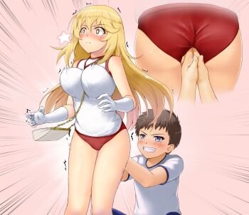 1boy 1girl anal_fingering ass blonde_hair bouncing_breasts breasts buruma fingering gloves gym_shirt gym_uniform highres kanchou long_hair penetration_through_clothes red_buruma shirt shokuhou_misaki short_sleeves through_clothes toaru_kagaku_no_railgun toaru_majutsu_no_index white_shirt