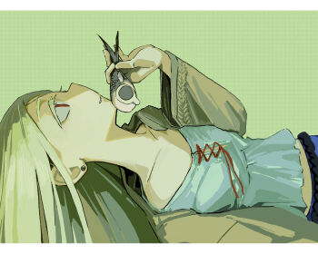 1girl animal belt black_belt blonde_hair brown_eyes camisole clock_owo collarbone colored_eyelashes earrings fish from_side gakuen_idolmaster green_background grey_robe hand_up highres holding holding_animal holding_fish idolmaster jewelry letterboxed long_hair long_sleeves looking_up lying midriff on_back open_clothes open_robe parted_bangs parted_lips profile red_ribbon ribbon robe rope_belt shinosawa_hiro solo stud_earrings white_camisole wide_sleeves