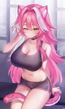 1girl absurdres alternate_costume animal_ear_fluff animal_ears between_legs black_shorts black_sports_bra breasts center-flap_bangs cleavage commentary demcheg dolphin_shorts double-parted_bangs hair_between_eyes hair_intakes hand_up highres holding holding_towel hololive hololive_english indoors large_breasts long_hair looking_at_viewer multicolored_hair navel one_eye_closed panther_ears panther_girl panther_tail pink_hair raora_panthera short_shorts shorts sidelocks solo sports_bra stomach streaked_hair tail tail_between_legs towel very_long_hair virtual_youtuber white_streaks wiping_face yellow_eyes