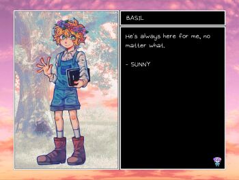 1boy alternate_costume animated animated_gif antenna_hair basil_(faraway)_(omori) basil_(omori) blonde_hair blue_eyes blue_overalls blush boots bright_pupils brown_boots closed_mouth collared_shirt english_text flower full_body head_wreath long_sleeves looking_at_viewer male_focus mochiilavender omori overall_shorts overalls second-party_source shirt smile socks solo standing white_pupils white_shirt white_socks