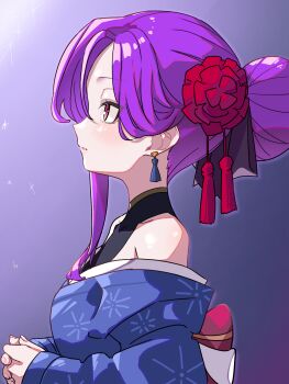 1girl asymmetrical_bangs bare_shoulders black_shirt blue_kimono blush breasts earrings fate/grand_order fate_(series) flower hair_flower hair_ornament hair_ribbon highres japanese_clothes jewelry kimono long_hair long_sleeves medium_breasts niwaikanai off_shoulder profile purple_eyes purple_hair ribbon shirt sidelocks sleeveless sleeveless_shirt tassel tassel_earrings wu_zetian_(fate) wu_zetian_(swimsuit_caster)_(fate)