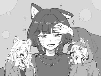 Rule 34 | 3girls, absurdres, animal ears, arm up, blunt bangs, commentary request, dog ears, dog girl, excited, fang, grey background, greyscale, highres, hood, hood up, hoodie, itsumeee3, jacket, jewelry, kmnz, long sleeves, looking down, medium hair, monochrome, multiple girls, necklace, nero (kmnz), open mouth, shirt, skin fang, smile, virtual youtuber