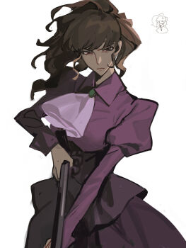 Rule 34 | 1girl, ascot, brown eyes, brown hair, chibi, dress, grimace, gun, highres, holding, holding weapon, ivqks159, purple dress, umineko no naku koro ni, ushiromiya natsuhi, weapon, white background