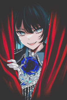 1girl ado_(utaite) black_hair blue_eyes blue_flower blue_hair blue_rose chando_(ado) commentary_request curtains fangs flower gloves highres looking_at_viewer m_(1n910) mole mole_under_eye open_mouth red_background rose simple_background solo white_gloves yodaka_(ado)