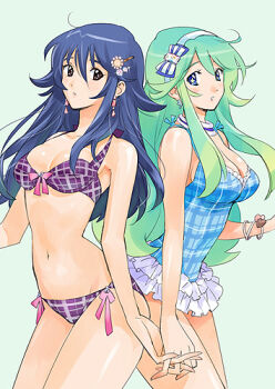 +_+ .hack// .hack//link 2girls aika_(.hack) aika_(.hack//) amagi_saika back-to-back bandai bikini black_eyes blue_eyes blue_hair bow bracelet breasts choker cleavage cyber_connect_2 earrings frilled_swimsuit frills green_hair hair_ornament hairband hairclip holding_hands jewelry kikuya_megane long_hair lowres multiple_girls one-piece_swimsuit plaid_bikini plaid_clothes plaid_one-piece_swimsuit standing swimsuit thick_thighs thighs