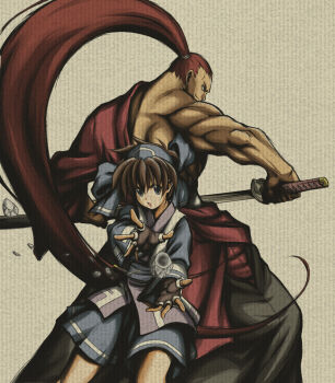 Rule 34 | 1boy, 1girl, blue eyes, blue shorts, brown background, brown hair, fingerless gloves, gloves, hair ribbon, hairband, hakama, hakama skirt, height difference, ice, itouei, japanese clothes, kibagami genjuro, long hair, magic, muscular, ponytail, red hair, revision, ribbon, rimururu, samurai spirits, short hair, shorts, single bare shoulder, skirt, sword, weapon