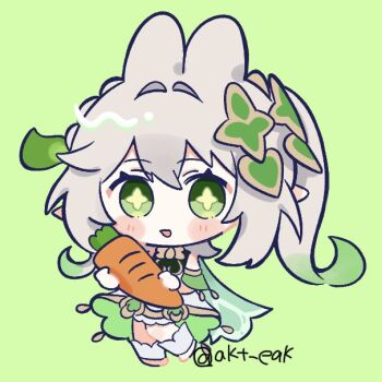 Rule 34 | 1girl, akt eak, animal ears, armlet, bloomers, blush, braid, cape, carrot, chibi, chibi only, colored tips, commentary request, cross-shaped pupils, detached sleeves, dress, genshin impact, gold, green background, green cape, green dress, green eyes, green hair, green sleeves, hair intakes, hair ornament, half crown braid, holding, holding carrot, jewelry, leaf, leaf hair ornament, long hair, looking at viewer, multicolored hair, nahida (genshin impact), open mouth, rabbit ears, rabbit girl, side ponytail, sidelocks, socks, solo, stirrup footwear, symbol-shaped pupils, tareme, twitter username, two-sided dress, two-sided fabric, underwear, white bloomers, white dress, white hair, white socks
