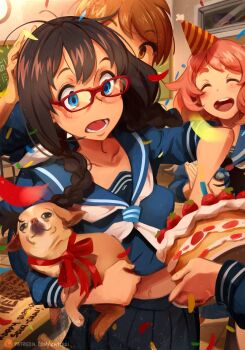 1other 2boys 2girls absurdres alternate_end animal birthday_cake birthday_party black_hair blue_eyes blue_sailor_collar blue_serafuku blue_shirt blue_skirt blush bow braid brown_eyes cake chalkboard chihuahua classroom closed_eyes collarbone confetti cowboy_shot crop_top desk diamond_wa_kudakenai dog double_horizontal_stripe emergence_(shindol) food fruit glasses hair_between_eyes hand_on_another&#039;s_head hat higashikata_josuke highres holding holding_animal holding_cake holding_dog holding_food indoors jojo_no_kimyou_na_bouken khyle. light_blush light_brown_hair long_hair long_sleeves midriff multiple_boys multiple_girls navel neckerchief no_sclera open_mouth own_hands_together party_hat patreon_username pink_hair pleated_skirt red-framed_eyewear red_bow red_ribbon ribbon round_teeth sailor_collar school_desk school_uniform serafuku shirt short_eyebrows short_hair short_sleeves skirt smile standing straight_hair strawberry surprised teeth thick_eyebrows twin_braids upper_body upper_teeth_only watermark web_address white_neckerchief wooden_floor yoshida_saki