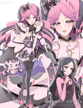 1girl bare_arms bare_shoulders black_boots black_dress black_gloves black_hair black_socks blush boots braid bubble_skirt cure_kiss diamond_brooch dress earrings eyelashes full_body gingham gloves gradient_hair hair_ornament hair_ribbon hair_tie half_gloves jewelry kimi_to_idol_precure kneehighs long_hair looking_at_viewer low_twin_braids low_twintails meroron_(civilian)_(precure) meroron_(fairy)_(precure) meroron_(precure) miniskirt multicolored_hair multiple_earrings musical_note nimokakunimoto one_eye_closed parted_bangs pearl_earrings pink_lips precure puffy_sleeves purple_dress purple_eyes purple_hair ribbon see-through_clothes see-through_shirt shirt skirt smirk socks solo solo_focus stuffed_animal stuffed_toy twin_braids twintails twitter_username very_long_hair watermark zooming_in