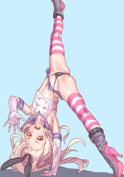 1girl arm_support ass black_panties blonde_hair blue_background brown_eyes cameltoe crop_top elbow_gloves female_focus gloves groin_tendon handstand high_heels highleg highleg_panties highres kantai_collection loli long_hair looking_at_viewer mersoleil03 microskirt navel one_arm_handstand open_mouth panties sailor_collar shimakaze_(kancolle) simple_background skirt smile solo split spread_legs striped_clothes striped_thighhighs thighhighs underwear upside-down waving white_gloves