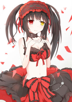 1girl absurdres bare_shoulders black_hair blush bra breasts cleavage clock_eyes date_a_live date_a_live:_date_a_bullet gothic_lolita hairband heterochromia highres kepress lolita_fashion lolita_hairband long_hair looking_at_viewer medium_breasts red_eyes ribbon roman_numeral smile solo symbol-shaped_pupils tokisaki_kurumi twintails underwear uneven_twintails yellow_eyes