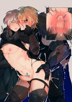 2boys abs anal armor ass black_armor black_gloves blonde_hair blush byebyefr0g byefrog male_byleth_(fire_emblem) cape closed_eyes covered_erect_nipples cum cum_in_ass dimitri_alexandre_blaiddyd ejaculation eyebrows fire_emblem fire_emblem:_three_houses gloves green_hair holding_detached_head legwear_garter male_focus male_penetrated multiple_boys muscular muscular_male navel nintendo nipples penis projectile_cum sex sex_from_behind standing standing_sex tagme teacher_and_student thighhighs trembling yaoi