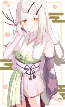 1girl absurdres blonde_hair blush branch cherry_blossoms colored_eyelashes commentary_request cowboy_shot detached_sleeves egasumi elbow_gloves flipped_hair fur_shawl gakuen_idolmaster gloves gradient_clothes gradient_hair gradient_kimono green_kimono grey_hair hair_ornament hairclip hand_up highres holding holding_branch idolmaster japanese_clothes kimono long_hair long_sleeves looking_at_viewer multicolored_hair obi obiage obijime open_mouth orange_eyes parallel_hairclips pink_shorts raichita sash shawl shinosawa_hiro shorts single_elbow_glove sleeveless sleeveless_kimono solo standing swept_bangs white_gloves white_kimono white_shawl