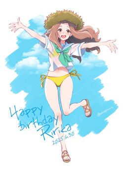 Rule 34 | 1girl, bikini, blush, brown hair, green neckerchief, hat, hibike! euphonium, highres, kenzaki ririka, kitauji high school uniform, kotomozou, long hair, midriff, navel, neckerchief, open mouth, sailor collar, sandals, school uniform, see-through clothes, serafuku, shirt, smile, solo, straw hat, sun hat, swimsuit, yellow bikini, yellow eyes