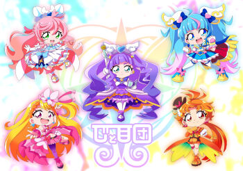 Rule 34 | 1boy, 5girls, :d, ahoge, antenna hair, aqua eyes, arched bangs, arm bow, arm up, artist name, ascot, asymmetrical bangs, belt, black belt, black hat, blonde hair, blonde streaks, blue boots, blue bow, blue cape, blue dress, blue eyes, blue hair, book, boots, bow, braid, braided bangs, bridal gauntlets, brooch, butterfly earrings, butterfly hat ornament, cape, capelet, chibi, chibi only, clenched hands, closed mouth, coattails, colored petticoat, colorful background, commentary, crop top, crossed legs, cure butterfly, cure majesty, cure prism, cure sky, cure wing, cut bangs, detached sleeves, diagonal bangs, dress, dress bow, earclip, earrings, elbow gloves, ellee-chan, fighting stance, fingerless gloves, fringe-trimmed cape, fringe trim, full body, gloves, gradient hair, green eyes, hair between eyes, hair bow, hair ornament, half-dress, half up braid, halter dress, halterneck, hand on own chest, hands up, hat, hat ornament, heart, heart ahoge, heart hair ornament, high-low dress, hijiri ageha, hirogaru sky! precure, holding, holding book, jacket, jewelry, leg up, legs apart, long hair, looking at viewer, low ponytail, magical boy, magical girl, majestic chroniclon, mary janes, microskirt, midriff, mob cap, multicolored hair, multiple girls, navel, nijigaoka mashiro, open clothes, open jacket, open mouth, orange boots, orange capelet, orange eyes, orange gloves, orange hair, orange jacket, orange shorts, orange vest, outstretched arm, overskirt, pantyhose, petticoat, pink boots, pink bow, pink bridal gauntlets, pink hair, pink hat, pink skirt, pink wrist cuffs, ponytail, precure, puffy detached sleeves, puffy short sleeves, puffy sleeves, purple dress, purple eyes, purple hair, purple pantyhose, purple shoes, reaching, reaching towards viewer, red bow, red cape, red ribbon, ribbon, shoes, short sleeves, shorts, side braids, sidelocks, single earring, single hair streak, single sidelock, skirt, skirt bow, sleeveless, sleeveless dress, smile, soboro (jitome dan), sora harewataru, sphere earrings, split mouth, streaked hair, swept bangs, tailcoat, thigh strap, thighhighs, top hat, trap, twintails, two-sided cape, two-sided fabric, two-tone dress, two-tone hair, two side up, v-shaped eyebrows, very long hair, vest, w, white ascot, white background, white boots, white bow, white dress, white gloves, white thighhighs, wing brooch, wing hair ornament, wrist cuffs, yuunagi tsubasa, zettai ryouiki