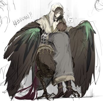 2boys against_wall animal_feet bird_legs bird_tail bird_wings boots brown_coat brown_footwear brown_hair brown_wings closed_mouth coat commentary english_commentary english_text facing_another feathered_wings full_body getian_(reverse:1999) harpy_boy height_difference highres kabedon long_hair long_sleeves male_focus monster_boy multiple_boys name_day_(reverse:1999) reverse:1999 sketch speech_bubble standing tail tiptoes tmor1999 veil white_background winged_arms wings yaoi yellow_hanfu