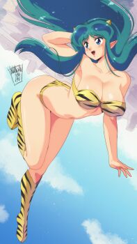 1girl alternate_breast_size_(larger) animal_print aqua_hair bikini blue_sky boots breasts commentary danmakuman english_commentary highres horns large_breasts long_hair lum midair navel open_mouth pointy_ears sky smile solo stomach swimsuit takahashi_rumiko_(style) tiger_print urusei_yatsura very_long_hair yellow_bikini yellow_boots yellow_horns