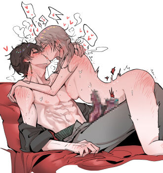 1boy 1girl abs adam's_apple allstelleonly arched_back arm_around_neck aroused ass_blush bed_sheet blush body_blush breast_press breasts brown_hair censored closed_eyes clothed_male_nude_female commentary_request completely_nude couple dan_heng_(honkai:_star_rail) dan_heng_(hunt)_(honkai:_star_rail) dark_penis drooling ear_blush earrings elbow_blush erection extra_penises face-to-face facing_up french_kiss frottage girl_on_top green_eyes grey_hair grey_pants hand_blush hands_on_another's_shoulders head_steam heart hetero highres honkai:_star_rail honkai_(series) humping jewelry kiss korean_commentary large_breasts large_penis leg_between_thighs looking_at_another loving_aura medium_hair mosaic_censoring neck_blush nipples nose_blush nude open_fly pants pectoral_cleavage pectorals penis penis_on_stomach reclining saliva shiny_skin short_hair shoulder_blush simple_background spoken_heart stelle_(honkai:_star_rail) straddling tears thigh_straddling tongue tongue_out topless_male trailblazer_(honkai:_star_rail) twitching very_short_hair white_background