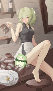 1girl bar_(place) barefoot beer_mug black_shirt blush breasts brick_wall chico_(yuzuha_riko) collared_shirt cup drunk foot_out_of_frame green_hair grey_eyes grey_skirt hand_up hashtag-only_commentary highres holding holding_cup indoors knee_up looking_at_viewer medium_breasts medium_hair miniskirt mug multicolored_hair on_bench open_mouth piyat plate pleated_skirt shirt shirt_tucked_in sitting skirt sleeveless sleeveless_shirt smile solo stellive stool streaked_hair twintails virtual_youtuber white_streaks wing_collar yuzuha_riko