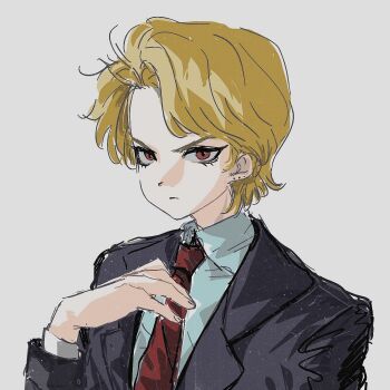 Rule 34 | 1boy, blonde hair, collared shirt, commentary, dio brando, formal clothes, guanzaimatouo3o, hashtag-only commentary, highres, jojo no kimyou na bouken, long sleeves, male focus, necktie, phantom blood, red eyes, shirt, short hair, sketch, solo, suit, v-shaped eyebrows