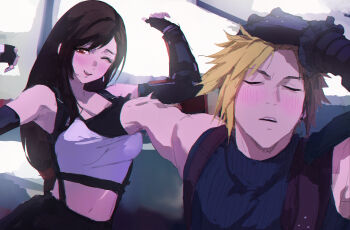 Rule 34 | 1boy, 1girl, ;d, absurdres, armor, arms up, bare shoulders, black gloves, black hair, black skirt, blonde hair, blue sweater, blush, breasts, brown hair, closed eyes, cloud strife, crop top, earrings, elbow gloves, final fantasy, final fantasy vii, final fantasy vii remake, fingerless gloves, gloves, grabbing another's breast, groping, hand in own hair, hand under clothes, hands up, hetero, highres, jewelry, jujutsu kaisen, large breasts, long hair, looking at viewer, low-tied long hair, meme, midriff, naoya hitting choso without looking (meme), navel, one eye closed, open mouth, parody, parted lips, red eyes, shoulder armor, single arm guard, single bare shoulder, single earring, skirt, sleeveless, sleeveless turtleneck, smile, spiked hair, spykeee, suspender skirt, suspenders, sweater, tank top, tifa lockhart, turtleneck, turtleneck sweater, upper body, very long hair, white tank top