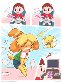 !? 1boy 1girl :&lt; :3 ? ^^^ ancesra animal_crossing animal_ears animal_feet animal_nose animated animated_gif annoyed artist_name barefoot bell between_legs black_shorts blonde_hair blue_background blush body_fur border bowl brown_eyes brown_hair chair cleft_of_venus closed_mouth comic commission commissioner_upload controller discreet_vibrator dog_ears dog_girl dog_tail dot_mouth embarrassed emphasis_lines english_text fang flat_chest food full_body furry furry_female furry_with_non-furry green_socks green_vest hair_bell hair_ornament hair_tie hand_between_legs hand_up happy heart heart-shaped_pupils highres holding holding_remote_control interspecies isabelle_(animal_crossing) jingle_bell kneehighs legs_together looking_down multiple_views navel neck_ribbon nintendo nose_blush notice_lines object_insertion on_chair one_eye_closed open_mouth outline own_hands_together paper parted_bangs plaid_clothes plaid_vest popcorn pussy pussy_juice red_ribbon red_shirt remote_control remote_control_vibrator ribbon sex_toy shirt short_hair short_sleeves shorts sideways_mouth simple_background sitting smile socks speech_bubble standing stomach surprised symbol-shaped_pupils table tail tears television thigh_strap topknot trembling two-tone_fur uncensored v-shaped_eyebrows v_arms vaginal vaginal_object_insertion vest vibrator vibrator_cord vibrator_under_clothes villager_(animal_crossing) watermark white_border white_fur white_outline white_shirt wince wireless_sex_toy_controller yellow_fur