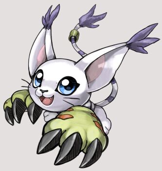 animal_hands blue_eyes cat digimon digimon_(creature) fangs full_body gloves grey_background highres no_humans open_mouth paw_gloves purple_tail qkranks simple_background solo striped_tail tail tail_ornament tail_ring tailmon two-tone_tail white_tail