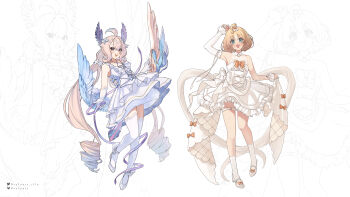 Rule 34 | 2girls, :d, absurdres, ahoge, aqua nails, armpits, bealouis illu, bird tail, blonde hair, blush, commentary, detached sleeves, dress, elbow gloves, english commentary, enna alouette, full body, gloves, head wings, high heels, highres, long hair, looking at viewer, low twintails, medium hair, millie parfait, multiple girls, nijisanji, nijisanji en, open mouth, purple eyes, single detached sleeve, smile, strapless, strapless dress, tail, thigh strap, thighhighs, twintails, very long hair, virtual youtuber, white background, white dress, white thighhighs, wings, zoom layer